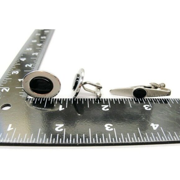 Swank Cufflinks Tie Bar Set Silver Tone Black Stone Tux Shirt Dress Suit Vintage - Picture 5 of 6